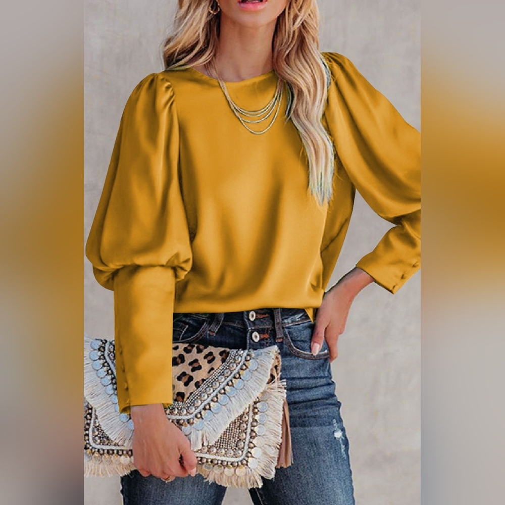 Vici Mustard Satin Puff-Sleeve Blouse